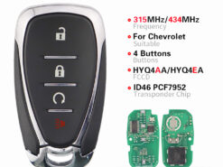 Chiave/Telecomando Per Chevrolet Camaro Equinox Cruze Malibu Spark Hyq4ea Con Chiave Di Emergenza - 2/4 Pulsanti Smart Remote Fob 434mhz Id46 Chip Chevrolet - YIQIXIN 2 4 pulsanti Smart Remote Fob 434MHz ID46 Chip per Chevrolet Camaro Equinox Cruze Malibu 4